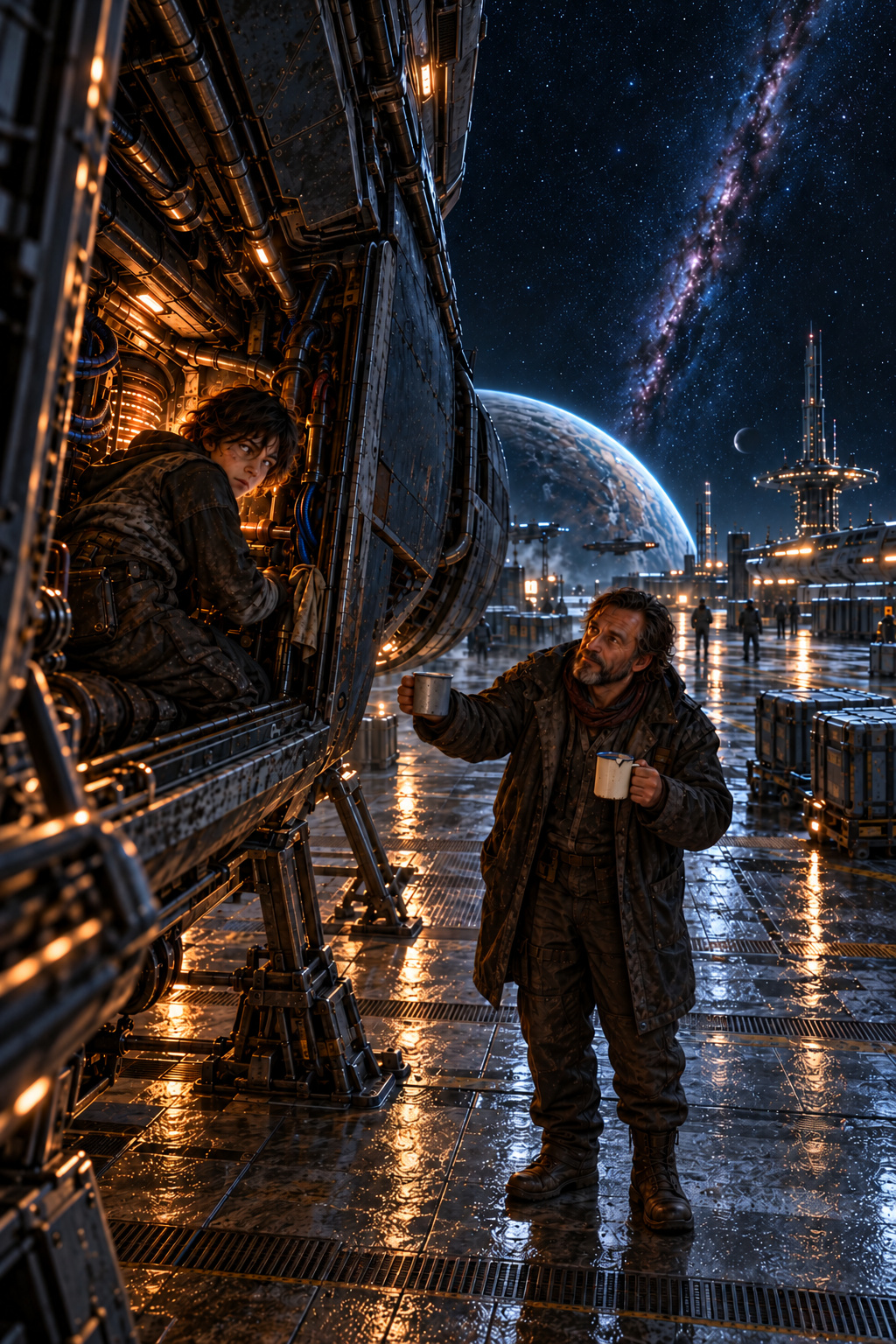 Eli at the courier hatch as Oren offers him tea, from Part One chapter artwork